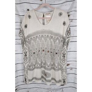 Free People New Romantics Sweater Knit Tunic Top XS Beaded Aztec Boho Cotton